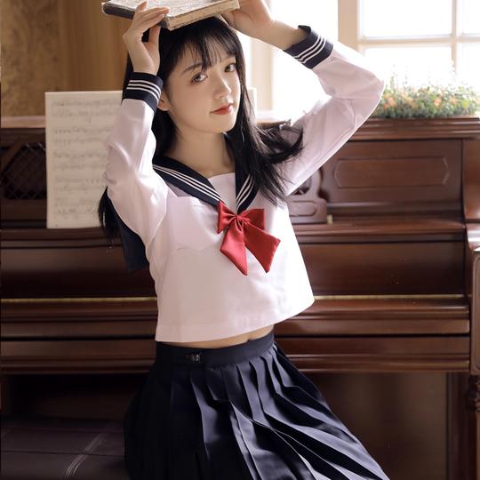 jk制服学院风套装少女日系甜美高中学生夏季长袖软妹水手服百褶裙