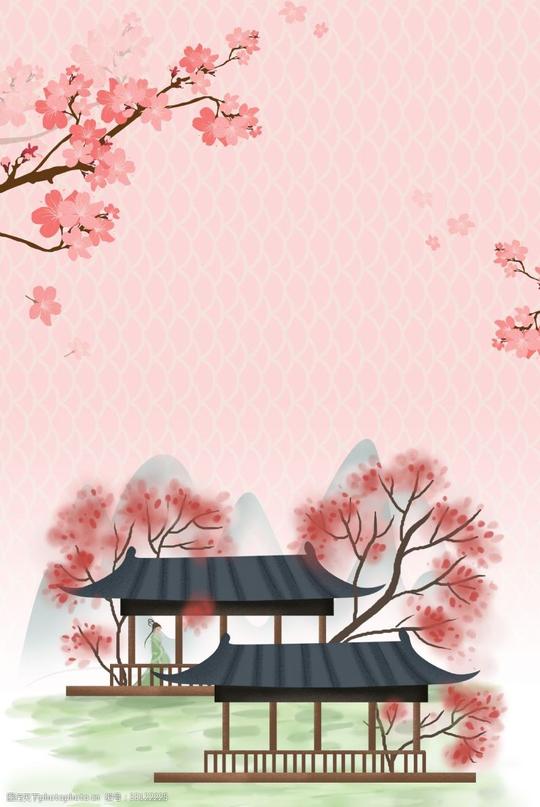 春游的人粉色唯美古风出游季桃花背景