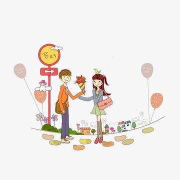 等车的人卡通手绘插图拿着花束的男子害羞的女孩免扣素材手机端