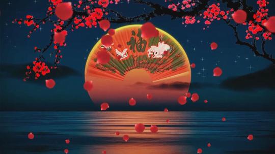 平湖秋月led大屏幕背景视频素材唯美古筝红梅月色古典舞美视频