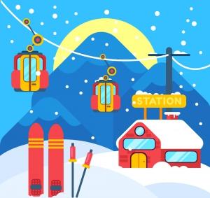 卡通夜晚滑雪场风景矢量素材源文件素材