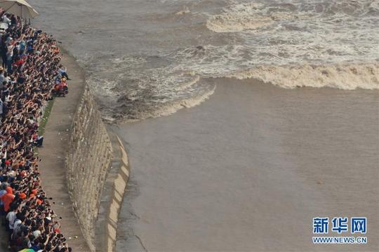 这是在浙江海宁市盐官镇占鳌塔上拍摄的钱塘江&quot;一线潮&quot;(10月7日摄).