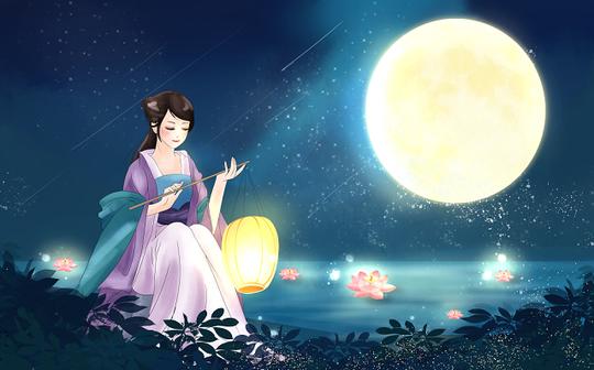 中秋中秋节夜晚中元节古风美女插画