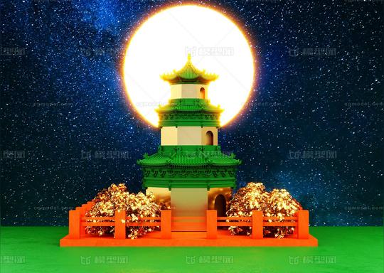 古代古风建筑宝塔建筑元素c4d中国风古代古风宫殿古建筑元素夜晚圆月卡通场景