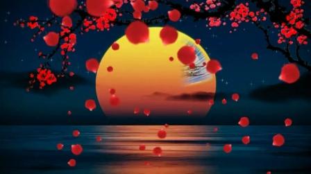0078-夜晚星空下圆月亮梅花飘落扇子演出背景视频素材