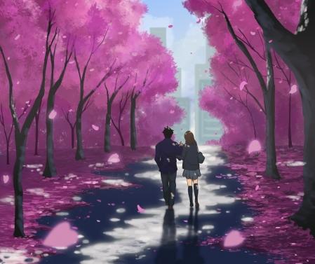 树,花,路,校园,女学生背影,动漫图片