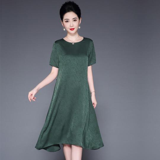 秋尚新恒源祥同款杭州真丝连衣裙女夏2019新款100%桑蚕丝宽松大码韩版妈妈女装绿色m