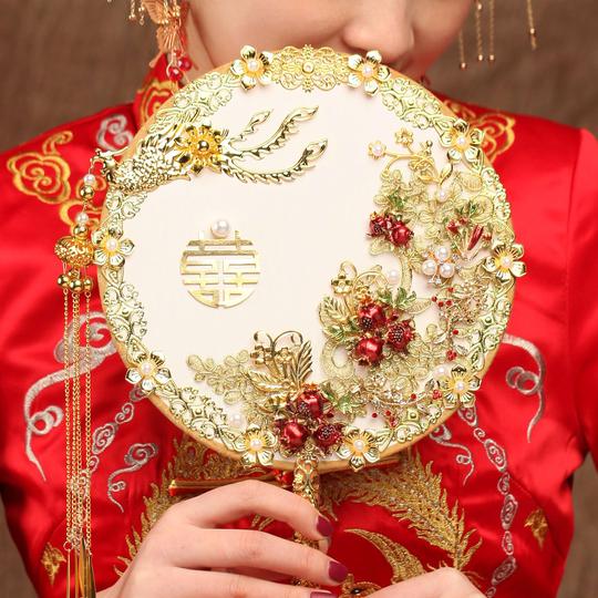 中式喜扇团扇红色结婚婚礼diy材料包新娘抖音同款成品扇子秀禾扇