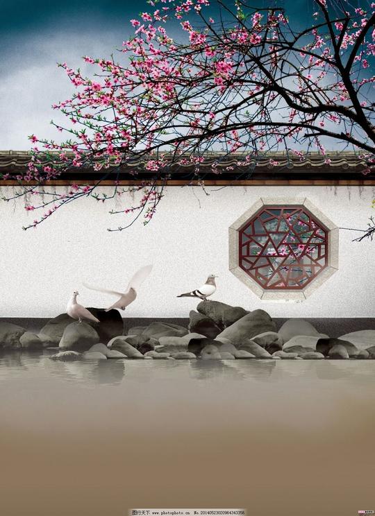 桃花古庭院围墙桃花免费下载春天古风图片素材背景图片