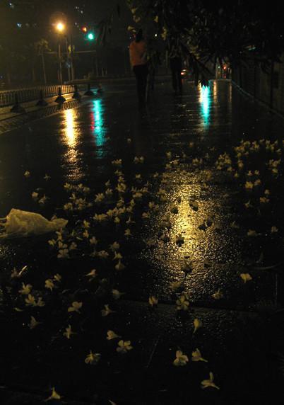 尝试了下雨夜里扫街,雨水把地面浸得发亮,路灯光线柔和,街巷之间人烟