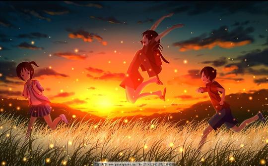 夕阳下的少女免费下载草地动漫星光动漫草地星光图片素材卡