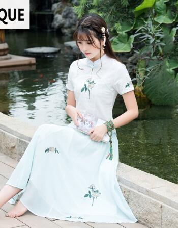 女复古中式改良时尚汉服旗袍套装棉麻服装少女白色上衣+蓝色半身裙