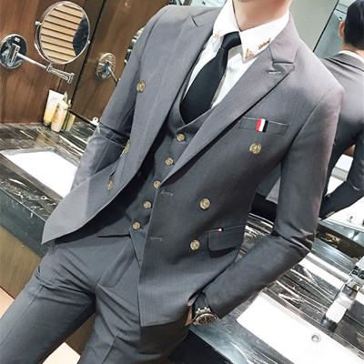 男士修身英伦双排扣西服套装帅气精神小伙潮流夜场韩版小西装外套单件西装(3xl)灰色(双排扣)