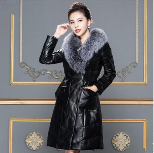 真皮羽绒服女中长款女装2015新款皮衣外套大狐狸毛领皮大衣精品