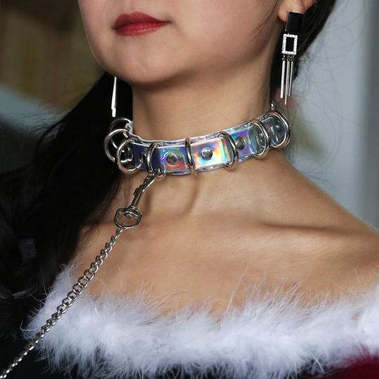 欧美个性夸张镭射皮项圈牵引绳d形多半圆性感亮彩发光形链条脖链