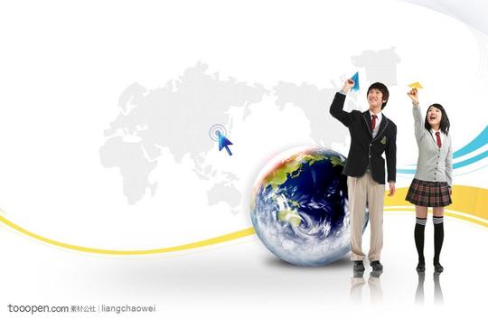 学生校园生活素材-地球仪和放纸飞机的学生