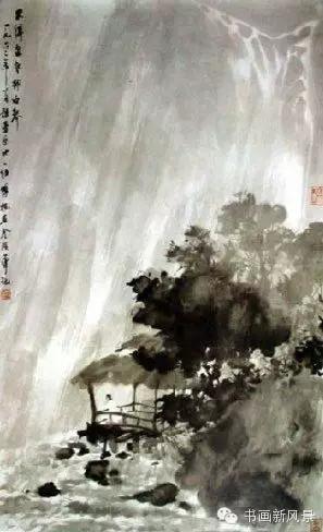 亭中一文士,仅寥寥几笔画出他雨中听泉的情态,足见傅抱石在山水中作点