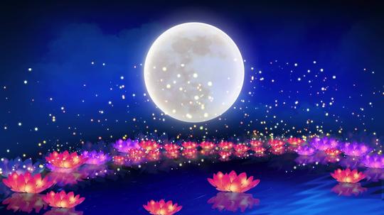 唯美星光元宵中秋节圆月河灯莲花灯池塘素材_1920x