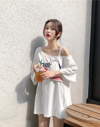 网红衣服抖音温婉同款街拍款酷帅女装性感漏肩街头中性t恤中长款灰色