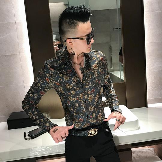 夜场酒吧理发店发廊个性长袖衬衫发型师时尚服装美发工作衬衣男潮