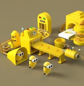 卡通小黄人生产线场景c4d模型创意场景3d模型素材sc448