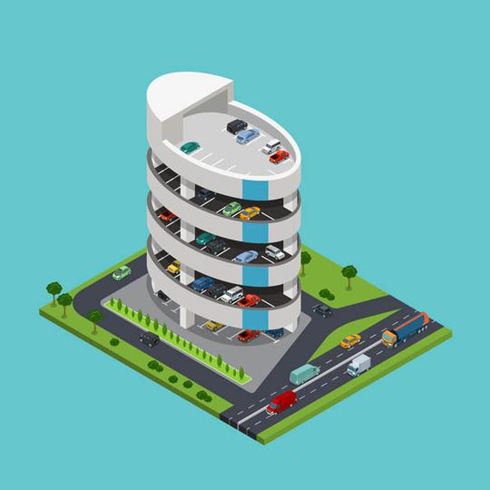 人工智能停车位楼阁建筑设计矢量素材_flash二维动画.