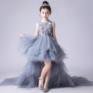女童礼服灰色蓬蓬纱儿童公主裙婚纱拖尾礼裙舞台演出钢琴表演服夏模板