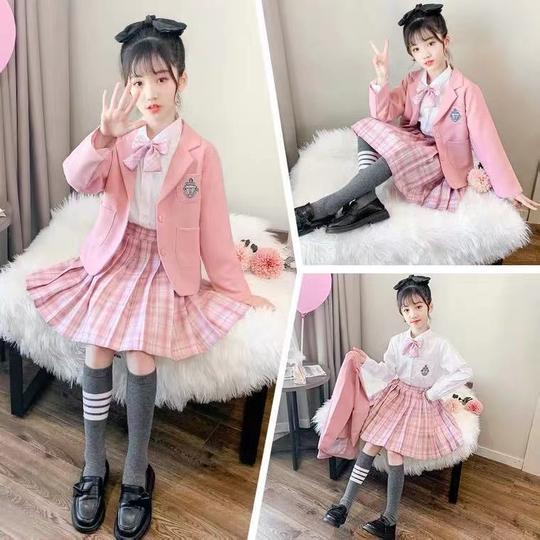 女童秋季jk制服套装女孩休闲西装外套粉色学院风衬衫百褶裙两件套