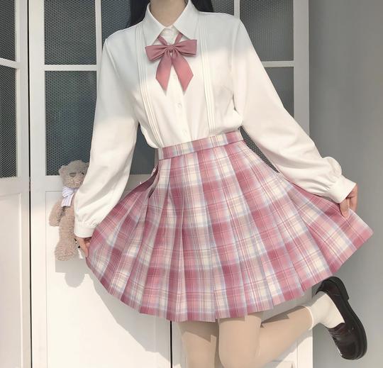 jk制服裙小红帽格裙秋冬校供感少女粉色百褶裙高腰半身裙百搭短裙