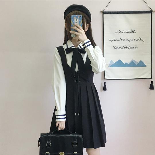 早秋韩版jk制服甜美学院风衬衫上衣百褶背带连衣裙两件套装女学生