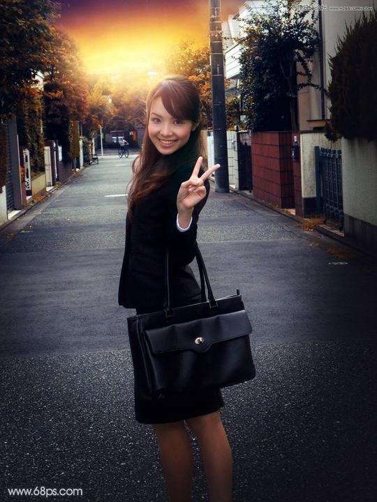 photoshop给街边美女照片添加夕阳黄昏美景