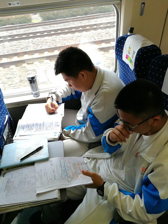 火车上学生认真学习
