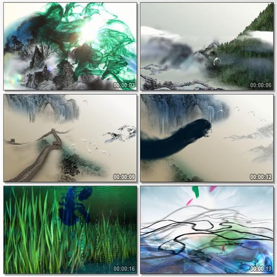唯美意境水墨动画长城太极山水特效片头led屏幕背景视频素材