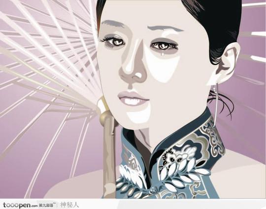 古典撑伞流泪女子矢量素材