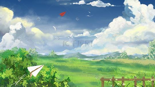 治愈唯美日系植物夏至春天夏天天空蓝天草地山云纸飞机背景
