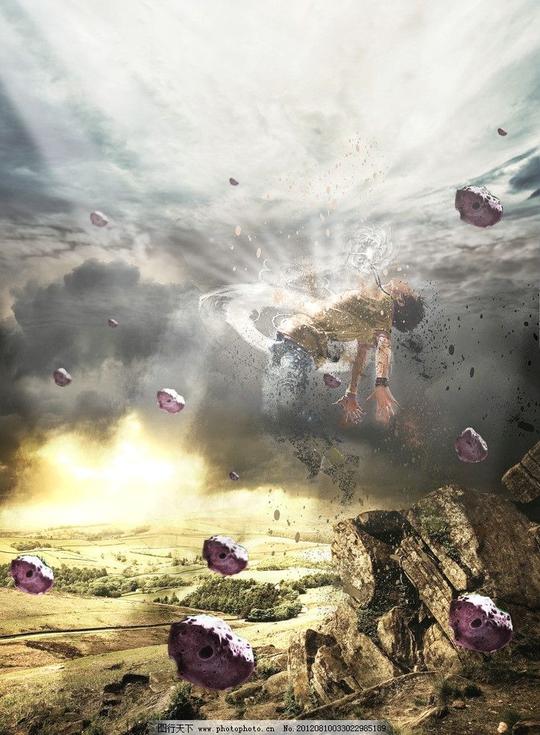 幻想分散陨石天空乌云科幻飞升光晕岩石梦霞光光环