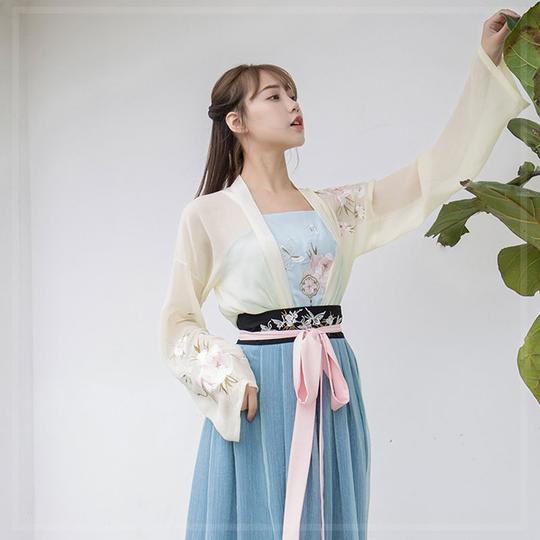 中国风古装汉服女超仙淡雅刺绣短褙子吊带齐腰长裙若桃姬辰莲鱼梦