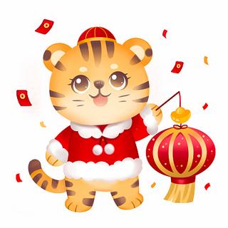 新年手绘卡通虎年喜庆元素灯笼过年2022png素材
