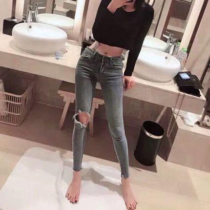 夏季快手社会女网红同款高腰弹力修身破洞牛仔裤韩版九分小脚裤子