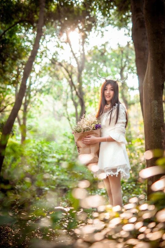森林内的麋鹿美女白裙捧花唯美意境写真(4)