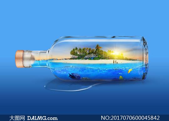 漂流瓶中的夏季海边场景ps教程素材