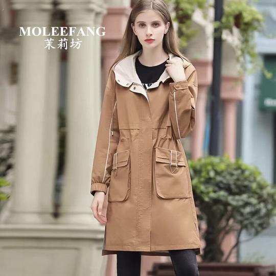 茉莉坊服饰女装2019秋冬款抽带修身拉链门襟连帽中长风衣