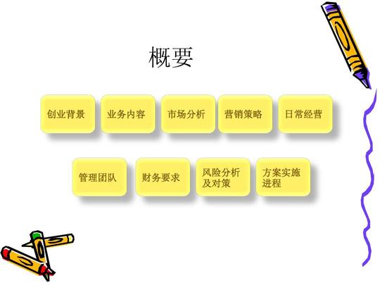 概要创业背景业务内容市场分析营销策略日常经营