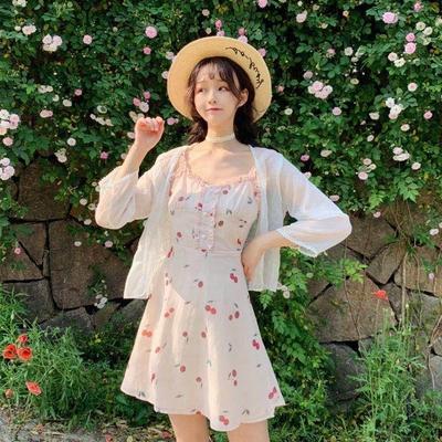 日系小清新甜美可爱樱桃印花a字吊带连衣裙外搭短开衫防晒衣女夏