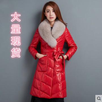 皮羽绒服女2015新款皮衣皮草女长款高仿狐狸毛领皮羽绒服女