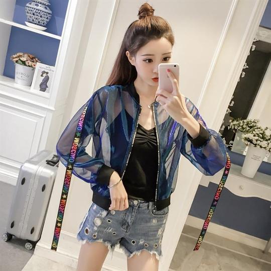 韩式女士时尚款炫酷出游漂亮网格外套仙气彩色防晒衣女棒球服缕空