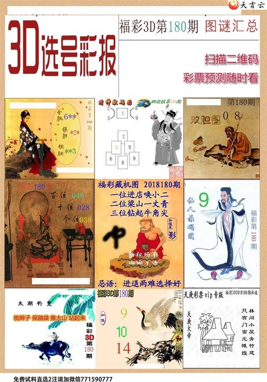 首页福彩3d图谜>选号彩报18年180期3d字谜画谜时间:2018-07-06