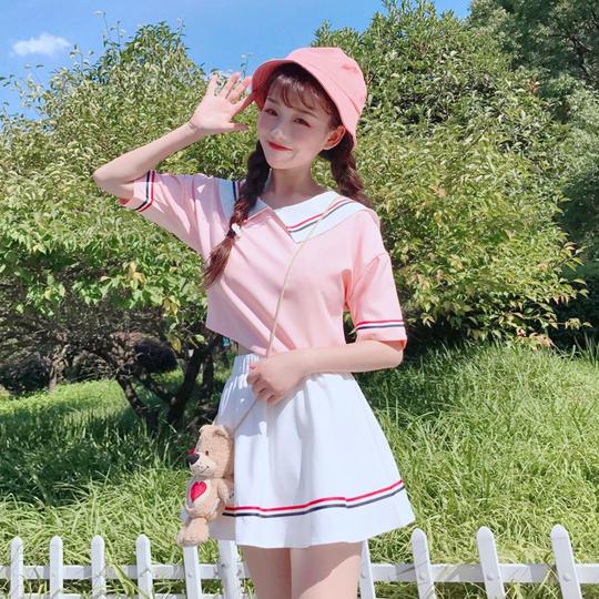 日本爱粉色系少女学院风短裙娃娃领裙装日系女装夏季jk制服套装甜