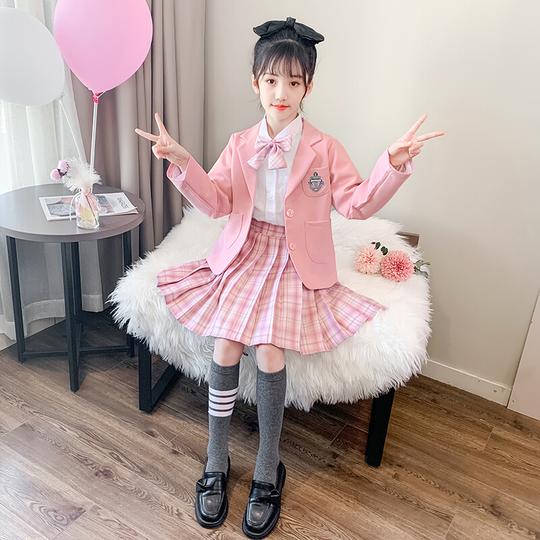 校园风学生jk制服少女儿大童小学生裙子套装日系水手服学院风衬衫百褶裙两粉色西装4110cm