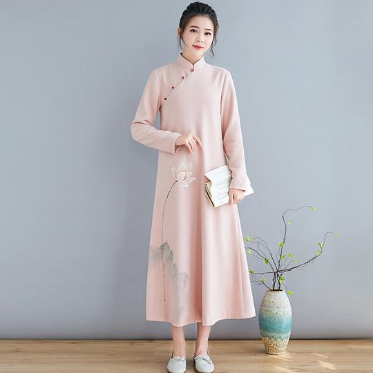 秋冬中式女装唐装中国风禅意茶服年轻款式复古改良汉服旗袍连衣裙粉色s